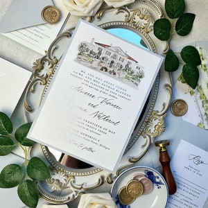 Sample Pack - Watercolor Venue Wedding Invitations Silver Foil with Dusty Blue | "The War Memorial" in Grosse Pointe, Michigan