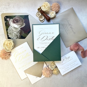 Sample Pack - Wedding Invitations with Chic Emerald Green Angled Pocket & Gold Foil Stamping