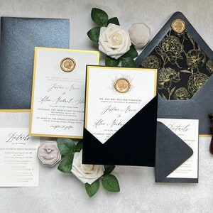 Sample Pack - Black Velvet Angled Pocket Gold Foil Botanical Wedding Invitations