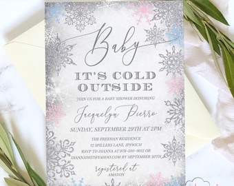 Winter Baby It's Cold Outside, Baby Shower Invites Pink Snowflakes - Digital File or Print