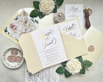 Ivory & Gold Wedding Invitation Sample: Scalloped Crest, Gold Foil
