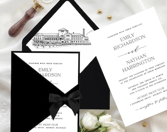 Black Tie Wedding Invitations – Modern Angled Jacket, Gold Accents (Sample Pack)