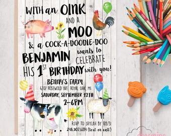 Farm Birthday Invites, Oink and a Moo and Cock A Doodle Doo - Digital File or Print