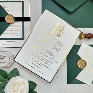 Sample Pack - Emerald Green and Gold Invitations with Shuler Monogram, Gold Foil Wedding Invitations, Forest Green, Dark Green, PMC01