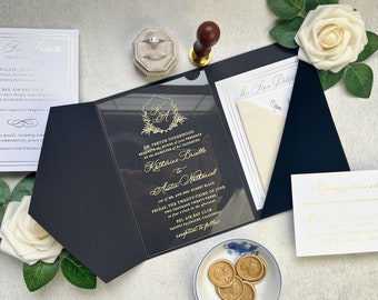 Black Velvet & Acrylic Gold Crest Wedding Invitation Sample Pack