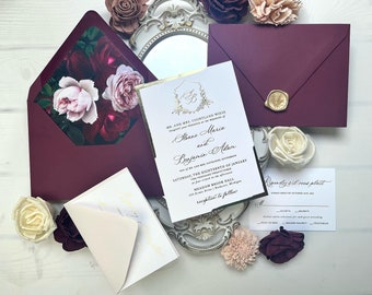 Burgundy Wedding Invitation Sample: Gold Foil Monogram, Foil Edging