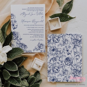 Blue Floral Chinoiserie Wedding Invitations (Digital File Template)