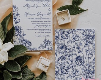 Blue Floral Chinoiserie Wedding Invitations (Digital File Template)