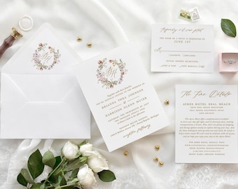 Wildflower Wedding Invitations: Terracotta Floral Crest (Digital File Template)