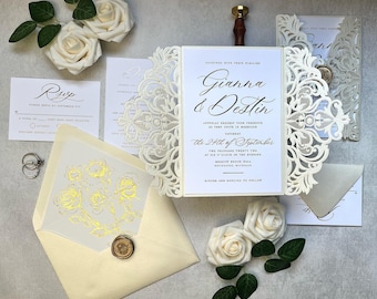 3 Sample Packs Left - Ivory Shimmer Embossed & Lasercut Gatefold and Gold Foil Wedding Invitations - Elegant and Beautiful!