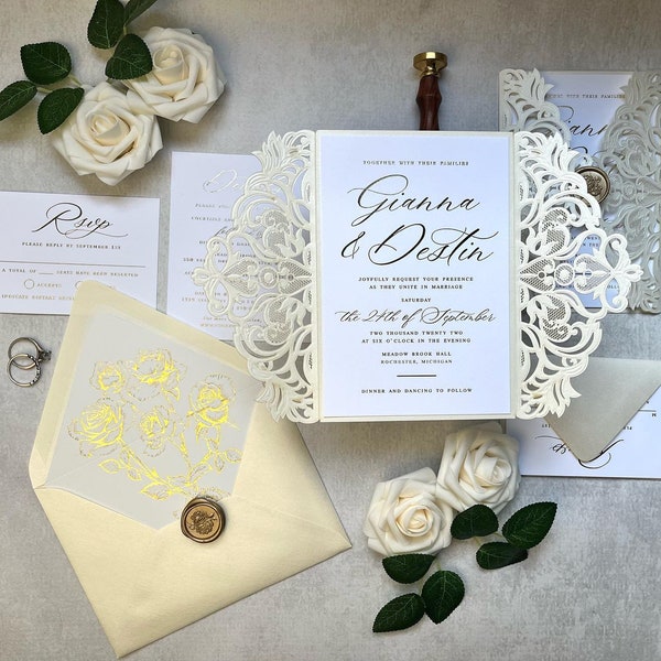 3 Sample Packs Left - Ivory Shimmer Embossed & Lasercut Gatefold and Gold Foil Wedding Invitations - Elegant and Beautiful!