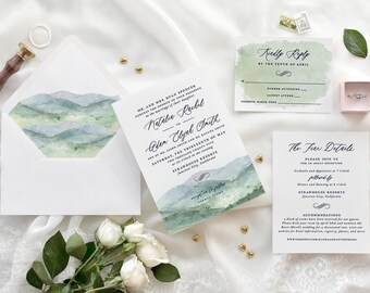 Watercolor Mountain Wedding Invitations: Digital Template