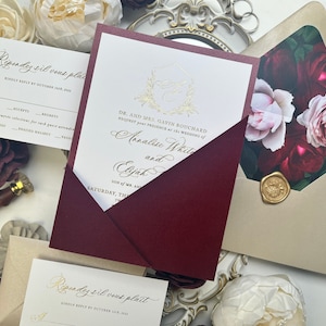 Sample Pack - Burgundy Velvet Angled Pocket Gold Foil Wedding Invitations 507