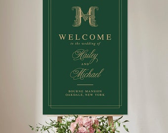 Dark Hunter Emerald Green and Gold Welcome Sign with Artisan Monogram 11 | 24x36 | We Design. You Print.