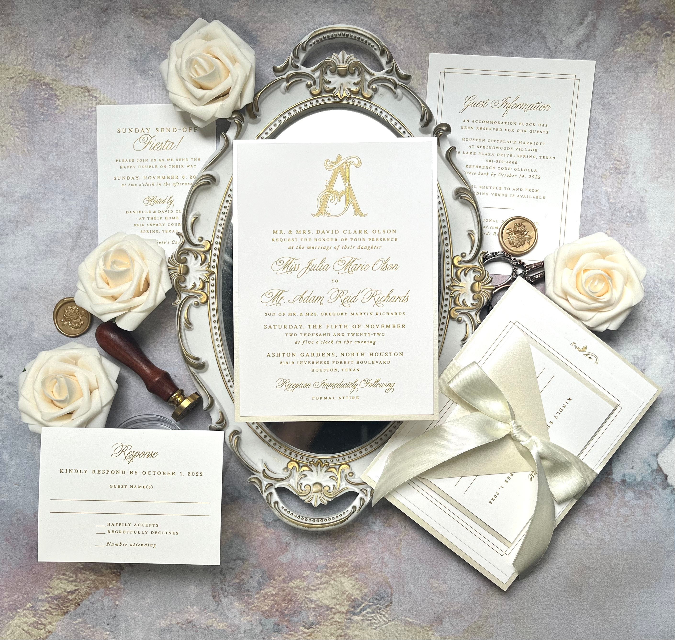 Sample Pack - Ivory and Gold Raised Thermography Wedding Invitations with Cream Shimmer Envelopes - Custom Schuler Monogram