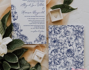 We Design | You Print Wedding Invitations Blue Floral Blue Chinoiserie Wedding Invitations