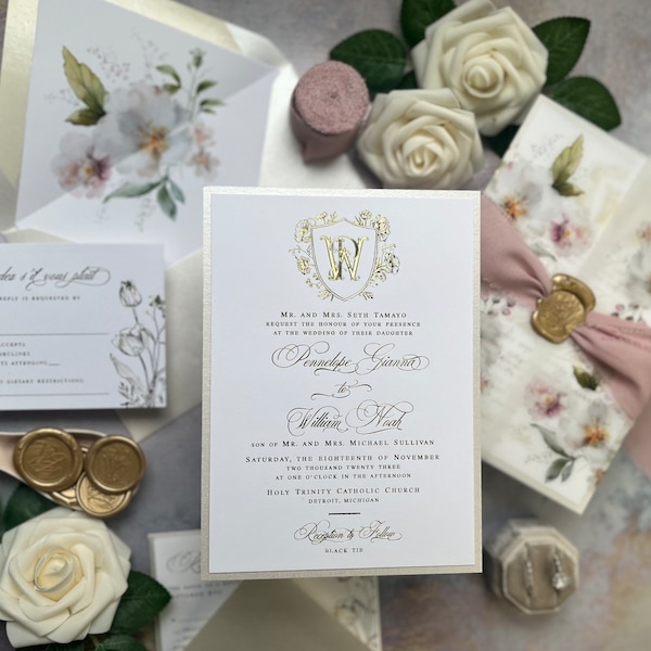 Sample Pack - Gold Foil & Botanical Floral Shuler Monogram Wedding Invitations - Quartz Envelopes - Gold, White, Ivory 01PMC