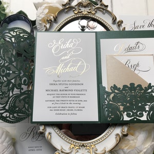 Sample Pack - Emerald Green Lasercut Pocket & Real Gold Foil Wedding Invitations 900