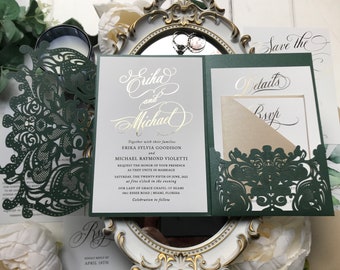 Sample Pack - Emerald Green Lasercut Pocket & Real Gold Foil Wedding Invitations 900