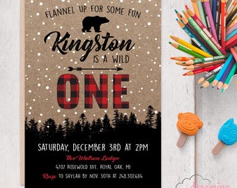 Wild One Rustic Bear Buffalo Plaid Birthday Invites - Digital File or Print