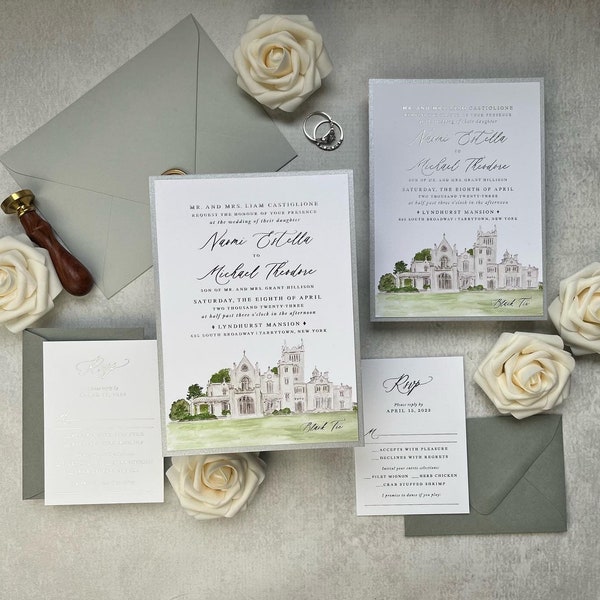 Sample Pack - Custom Watercolor Wedding Venue Painting Wedding Invitation Suite - 304WF - Lyndhurst Mansion - Lyndhurst Castle