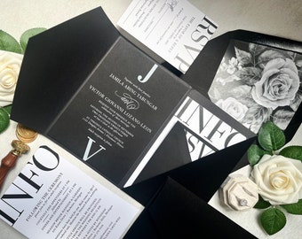 Black Velvet Wedding Invitation Sample Pack: Chic Angle Pocket Design