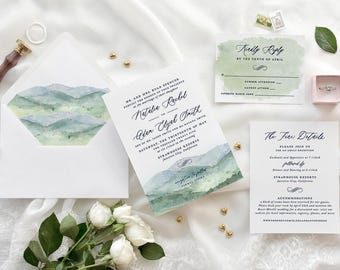 Watercolor Mountain Wedding Invitations: Printed Mountain-scape Suite