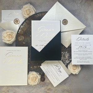 Sample Pack - Black Velvet Angled Pocket Gold Foil Stamping Script Wedding Invitation Suite with Cream Layer &  Envelopes 900