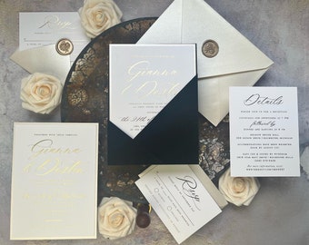 Sample Pack - Black Velvet Angled Pocket Gold Foil Stamping Script Wedding Invitation Suite with Cream Layer &  Envelopes 900