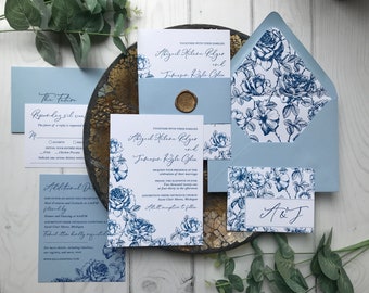 Sample Pack - Blue China Chinoiserie Roses Floral Wedding Invitations 404