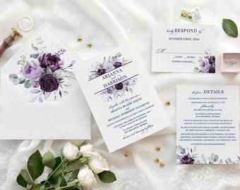 Purple Floral Wedding Invitations: Lavender, Plum, Eucalyptus (Digital File)