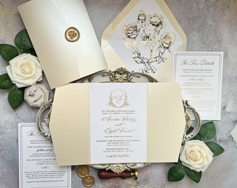 Sample Pack - Elegant Botanical Crest Ivory and Gold Foil Gatefold Wedding Invitations