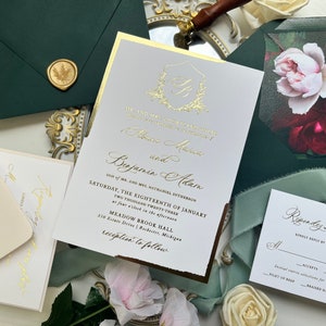 Sample Pack - Hunter Green Envelope & Gold Foil Stamping Foil Edging Wedding Invitations with Wedding Monogram Crest 507