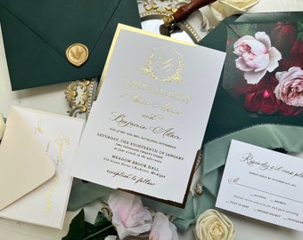 Hunter Green Wedding Invitation Sample: Gold Foil Monogram Crest