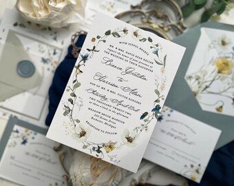 Sample Pack - Dusty Blue Wildflower Wreath Wedding Invitations 457
