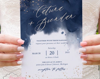 We Design | You Print Wedding Invitations Gold Starry Sky Navy Watercolor Wedding Invitations