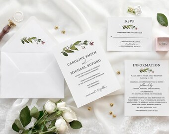 Holly Wedding Invitations - Modern Holiday Greenery (Digital File)