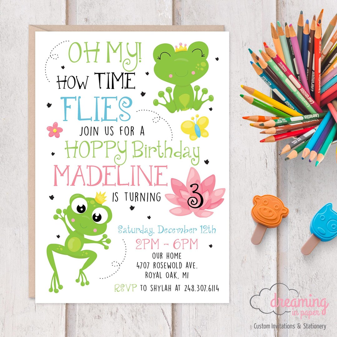How Time Flies Ribbit Frog Cute Birthday Invites - Digital File or ...