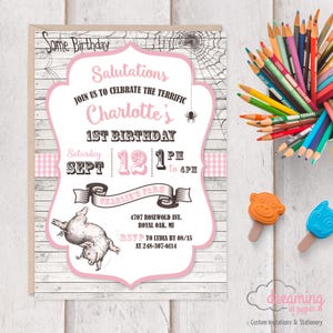May include: A custom invitation for a first birthday celebration. The invitation features a pink and white design with the text "Charlotte's 1st Birthday." Includes a pig illustration and details for the event.
