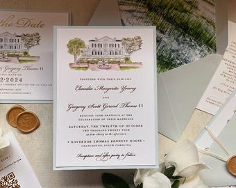 Sample Pack - Watercolor Wedding Venue Luxury Wedding Invitations | Governor Thomas Bennett House Painting