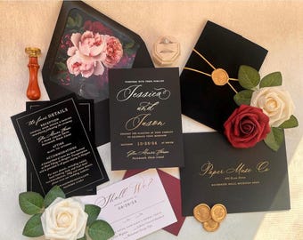 Black Velvet Wedding Invitations Sample: Gold Accents