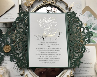 Sample Pack - Emerald Green Embossed Gatefold & Real Gold Foil Wedding Invitations 900