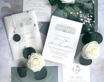 Sage Green Venue Sketch Invites with Rice Paper Jacket -  Royal Park Hotel