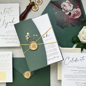Sample Pack - Emerald Green + Gold Modern Chic & Stylish Wedding Invitation Suite with Curved Suite Holder - 306F