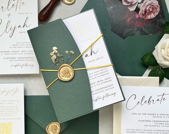 Sample Pack - Emerald Green + Gold Modern Chic & Stylish Wedding Invitation Suite with Curved Suite Holder - 306F