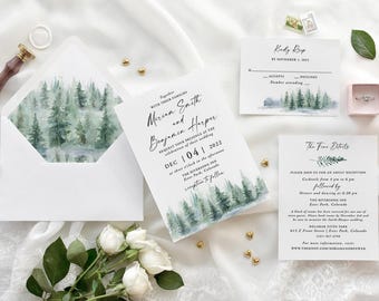 Forest Trees Wedding Invitations: Watercolor Evergreen Design (Digital File)