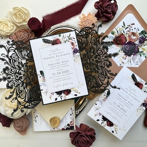 Sample Pack - Black Lace Lasercut Gatefold Boho Terracotta Floral Frame Wedding Invitations with Burgundy 509