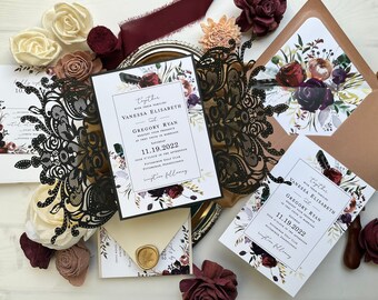 Black Lace Lasercut Gatefold Wedding Invitation Sample: Boho Terracotta Floral