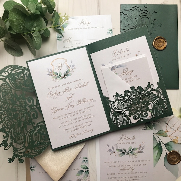 Dark Green Wedding Invitations Etsy