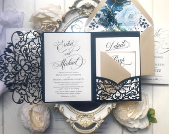 Navy Blue Lasercut Pocket Wedding Invitation Sample with Gold Foil